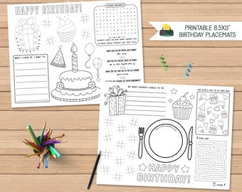 Napperons d'anniversaire pour enfants | Napperons d'activités pour anniversaire (8,5 x 11 po.) | Recherche de mots, labyrinthe et coloriage