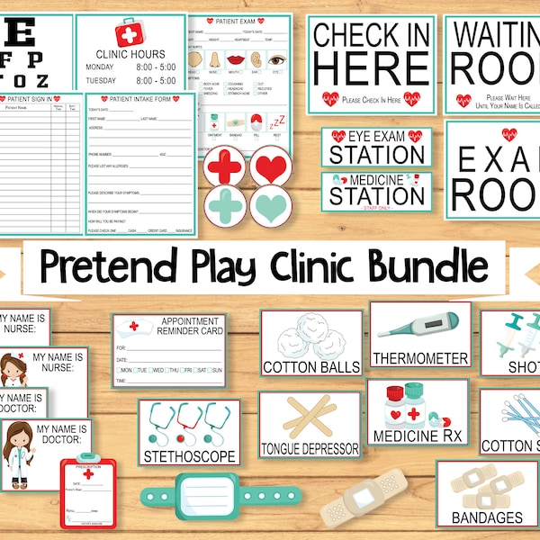 Pretend Play Doctor Clinic | Printable Kids Dramatic Play Set | Digital Download PDF | Children's Role Play | Preschool