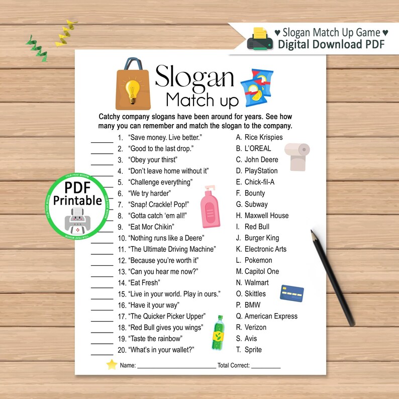Slogan Match up Quiz Printable Party Game Company Slogans Activity Game ...