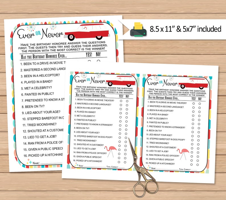 Adult Ever or Never Birthday Party Game Birthday Activity Printable Game 1950's Era Retro Birthday Party DIGITAL DOWNLOAD PDF image 2