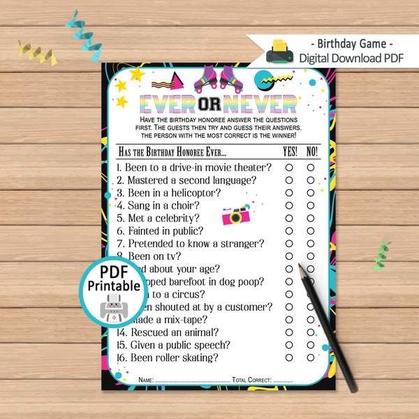 Adult Ever or Never Birthday Party Game | Have You Ever | Printable Birthday Game | 1980's Era Retro Birthday Party | DIGITAL DOWNLOAD
