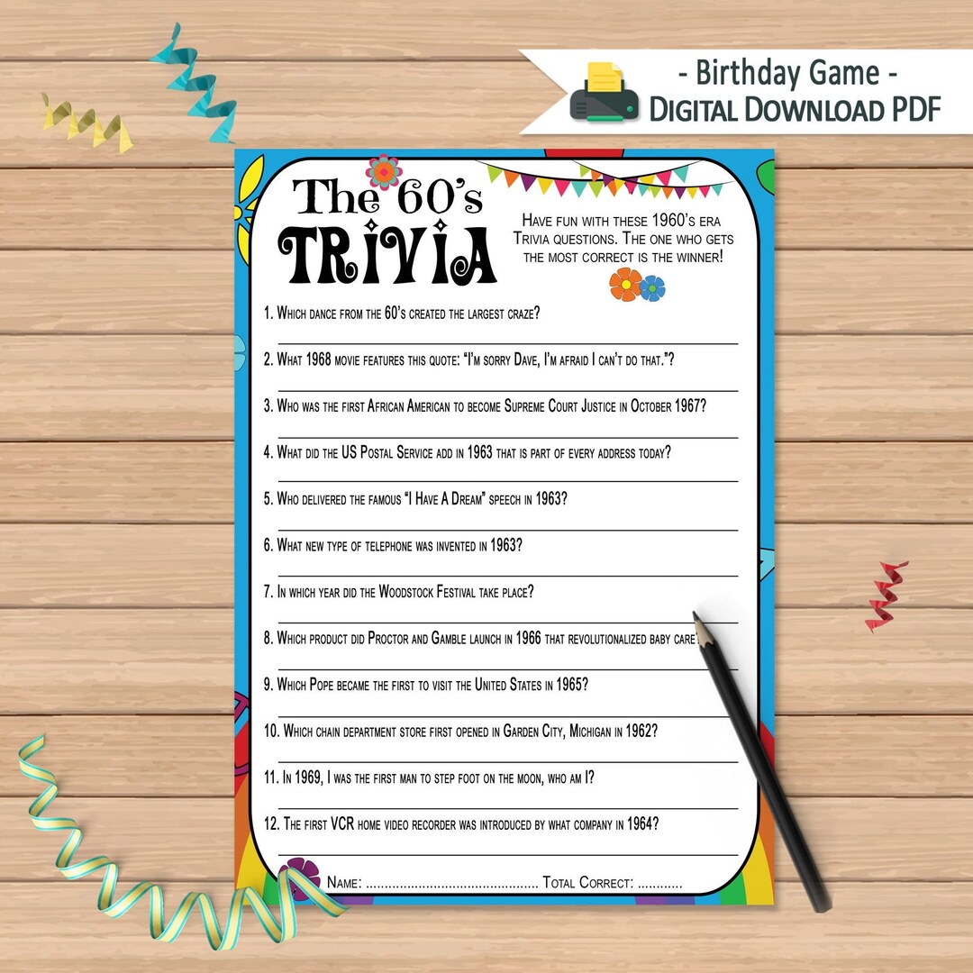 1960s Trivia Questions Game Birthday Activity 60s Trivia Quiz Printable ...