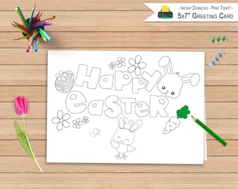 Afdrukbare vrolijke paaskaart | Kleurende wenskaart | Kinderen kleuren Happy Easter Chick Kaart | Wenskaart | DIGITALE DOWNLOAD-PDF