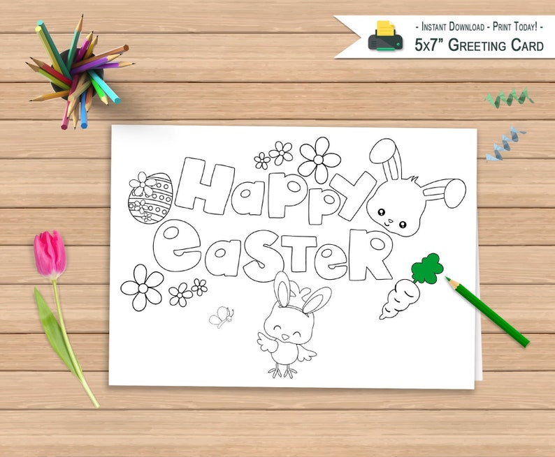 Printable Happy Easter Card Coloring Greeting Card Kids Color Happy Easter Chick Card Greeting Card DIGITAL DOWNLOAD PDF image 1