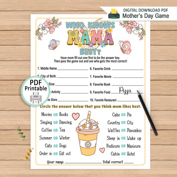 Mother's Day Game | Who Knows Mama Best Questions | Printable Mothers Day Game | Who Knows Mom Best Game | DIGITAL DOWNLOAD PDF