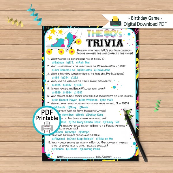 1980s Trivia Questions Game | Birthday Activity | 80s Trivia Quiz | Printable Birthday Game | 1980's Era Retro Party