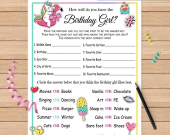 Birthday Questionnaire Activity | How Well Do You Know the Birthday Girl | Printable Birthday Game | Unicorn Stickers Theme | This or That