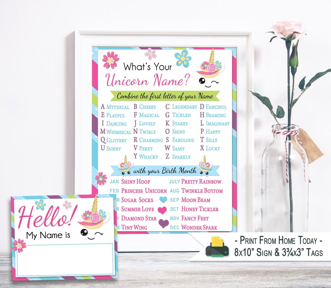 Whats Your Unicorn Name Printable Sign and Name Tags INSTANT DOWNLOAD ...