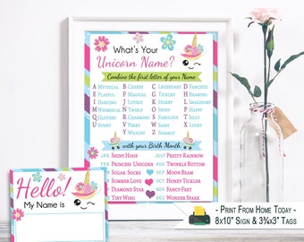 Whats Your Unicorn Name | Printable Sign and Name Tags | INSTANT DOWNLOAD | Unicorn Name Game | Birthday Party Game | Unicorn Party
