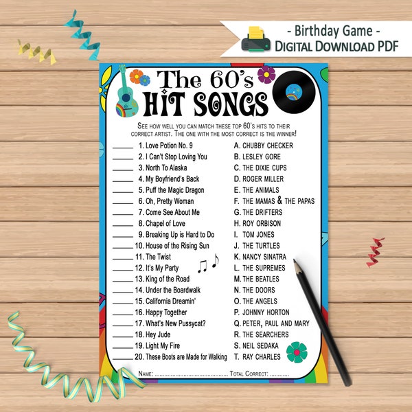 1960s Hit Songs Questions Game | Birthday Activity | 60s Music Quiz | Printable Birthday Game | 1960's Era Retro Party