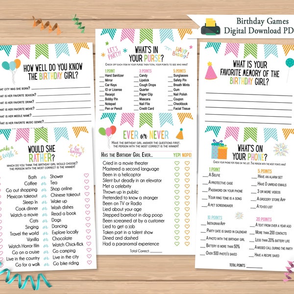 Adult or Teen Birthday Games Bundle | 6 Game Set | Colorful Design | Printable Birthday Games | Favorite Memory, Whats On Your Phone