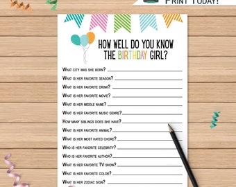 Adult How Well Do You Know the Birthday Girl Quiz | Birthday Questionnaire Activity | Printable Birthday Party Game | DIGITAL DOWNLOAD PDF