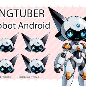 May include: A white robot with a cat-like face and four different expressions. The robot is wearing a white and orange suit. The text "PNGTUBER Robot Android" is at the top of the image. The text "4 Expressions" and "Instant Download" are at the bottom of the image.