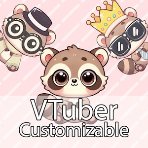 May include: Three cartoon raccoon avatars with different accessories. The raccoon in the center has large eyes and a cute expression. The raccoon on the left is wearing a hat and glasses. The raccoon on the right is wearing a crown and sunglasses. The text "VTuber Customizable" is below the raccoons.