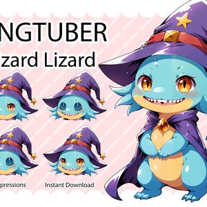 May include: A blue and purple wizard lizard with a pointed hat and a star on top. The lizard has a toothy grin and is wearing a purple cape. The image includes the text "PNGTUBER Wizard Lizard" and "4 Expressions Instant Download".
