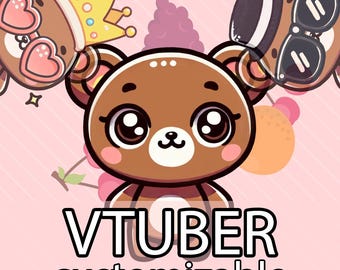 Pode incluir: Um personagem de desenho animado de urso marrom com olhos grandes e uma expressão fofa. O urso está vestindo uma camisa marrom e está cercado por flores rosa e brancas. O texto "VTUBER customizable" está escrito abaixo do urso.
