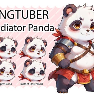Könnte beinhalten: Eine Cartoon-Illustration eines Pandas, der ein Gladiatorenkostüm trägt. Der Panda trägt ein rot-goldenes Kostüm mit einem Schwert. Der Panda hat vier verschiedene Gesichtsausdrücke, darunter glücklich, traurig, wütend und überrascht. Der Text "PNGTUBER Gladiator Panda" befindet sich oben im Bild. Der Text "4 Expressions" und "Sofort Download" befindet sich unten im Bild.