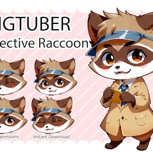 May include: A cartoon raccoon detective with a brown coat and a blue visor. The raccoon has four different expressions: smiling, winking, surprised, and frowning. The text "PNGTUBER Detective Raccoon" is at the top of the image. The text "4 Expressions" and "Instant Download" are at the bottom of the image.