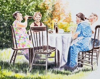 Picnic original nostalgic watercolor painting of a family having beer and snacks, created from abandoned snapshot