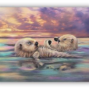 Sea Otter art Painting giclee on Canvas Sea Otters holding hands artwork blue green ocean