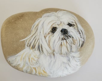 Rock pet portrait memorial art custom hand painted on a Lake Michigan beach rock from your cat or dog's photos.