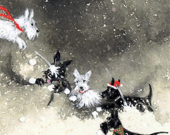 Scottish Terrier Greeting Cards,  Scotties and Westies Snowball fight Christmas Greeting Cards - Dogs playing in snow - winter notecard