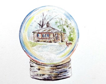 Earl Young Cottage in a Snow Globe original watercolor Painting , Charlevoix mushroom house painting