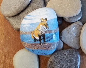Fox Rock Painting, Red Fox at the beach miniature art painting on a Lake Michigan beach stone
