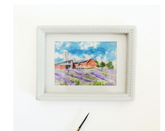 Lavender Farm original tiny art, Lavender Hill Farm miniature watercolor painting, collectible micro art, MIchigan landscape