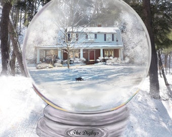 Snow Globe custom Home Portrait PAINTING of your house or pet depicted inside a fantasy 2-D Snow Globe with a snowy background