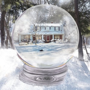 Snow Globe custom Home Portrait Painting of your house or pet depicted inside a fantasy 2-D Snow Globe with a snowy background