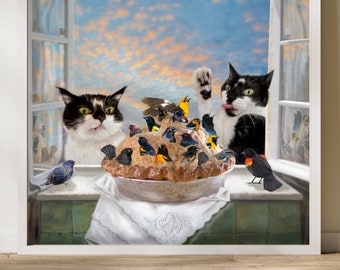 Custom Cat Portrait Painting on paper or canvas with your cats and four and twenty blackbirds baked in a pie cat lovers gift