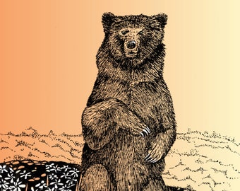 Bear in Ferns Greeting Card, woodland animal notecard, bear card, pen and ink bear drawing