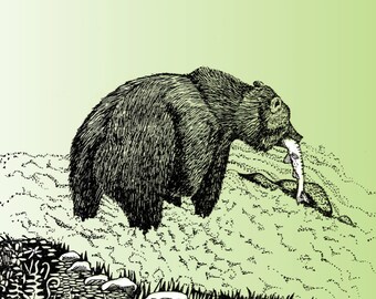 Fishing Bear in Ferns Greeting Card, woodland animal notecard, bear card, pen and ink bear drawing, grizzly bear art