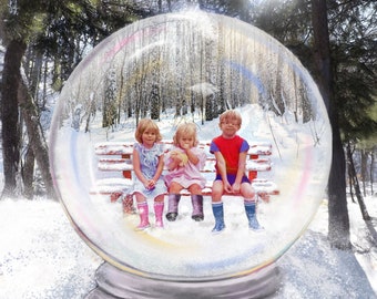 Snow Globe artwork kids or home Portrait custom PAINTING with treasured memories depicted inside a fantasy 2-D Snow Globe