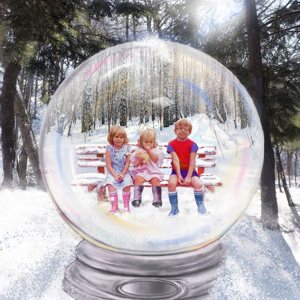 Snow Globe artwork kids or home Portrait custom PAINTING with treasured memories depicted inside a fantasy 2-D Snow Globe