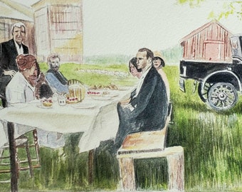 Farm to Table original nostalgic watercolor painting of people in 1920's having a picnic on their farm, created from abandoned snapshot
