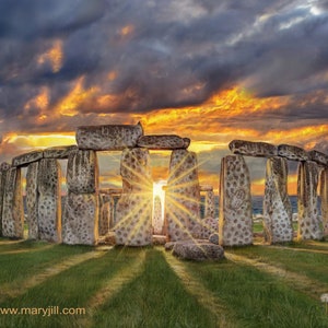 Petoskey Stone art print, unique Petoskey Stonehenge artwork, Lake Michigan sunset fantasy painting