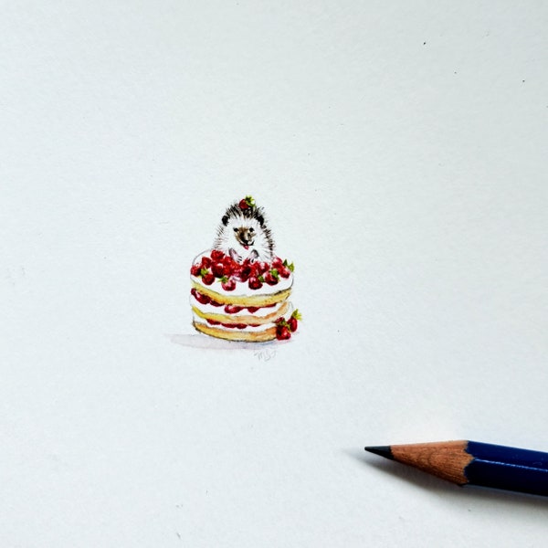 Hedgehog original miniature watercolor, hedgehog strawberry shortcake collectible micro painting, micro watercolor