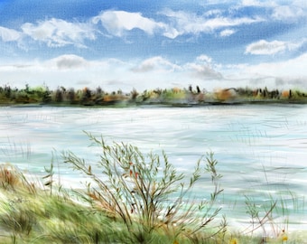 Crooked Lake, Michigan artwork, lake view from Oden Island bridge hand painted digital watercolor fine art giclee print, lake art