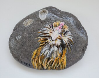 chicken portrait on rock - Custom hand painted realistic and detailed pet portrait on a stone from your photos.