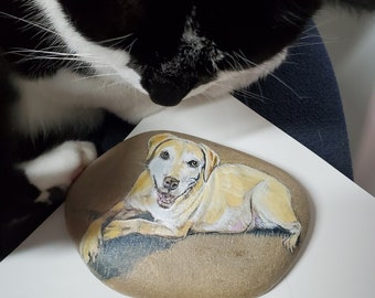 Pet portrait on rock - Custom hand painted realistic and detailed cat or dog portrait on a stone from your photos.