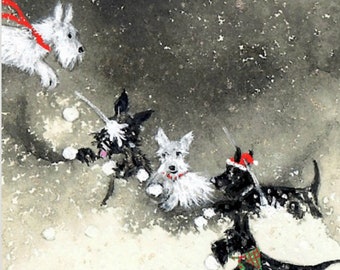 Scottish Terrier Art Print Snow Play ACEO ou 5 x 7 Print Scottie Scotty Snowball Fight Dog Christmas Artwork