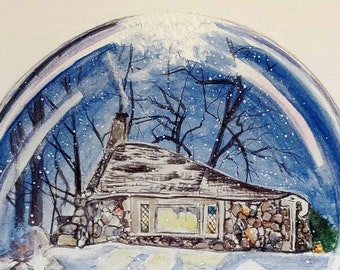 Snow Globe Home Portrait custom watercolor Painting of your home Depicted  in a Snow Globe