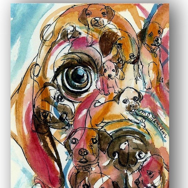 Dog Art Puggle Watercolor Print Pug Beagle, Burnt Orange, Brown Blue Pet Portrait