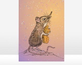 Elephant Shrew Greeting card, Elephant Shrew with Circus Peanut and Confetti, pen and ink shrew note card