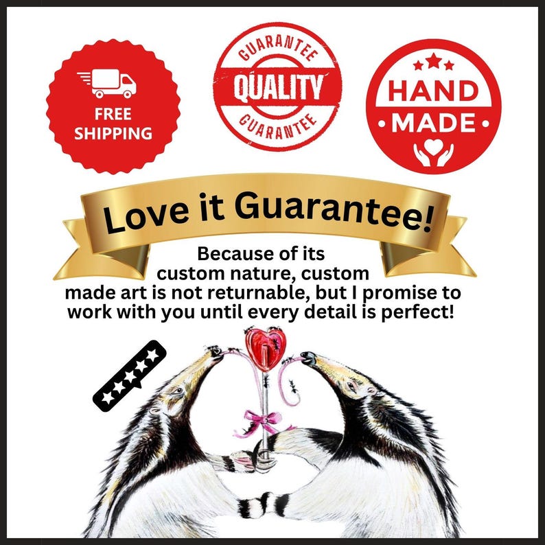 K&ouml;nnte beinhalten: Illustration mit zwei Ameisenb&auml;ren, die einen herzf&ouml;rmigen Lolli halten. Das Bild enth&auml;lt den Text "Love it Guarantee!" und "Hand Made." Es gibt auch rote runde Abzeichen mit dem Text "Free Shipping" und "Quality Guarantee."