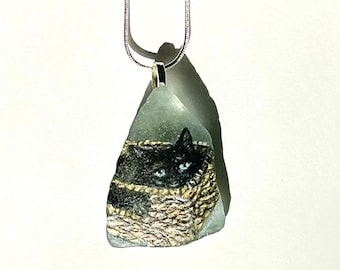 custom pet portrait necklace - hand painted beach glass dog or cat sea glass pendant - personalized Mother's Day Gift - pet loss memorial