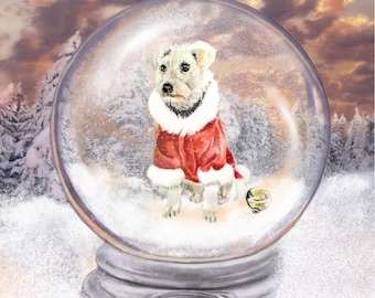 Custom Personalized Pet Portrait Painting of your pet depicted in a Fantasy Snow Globe with optional extra Christmas Cards