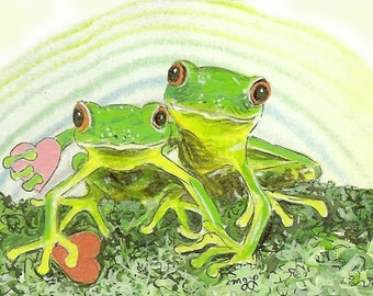 Valentines Day Tree Frogs Greeting Card heart green froggy frog valentine art toad romantic notecard